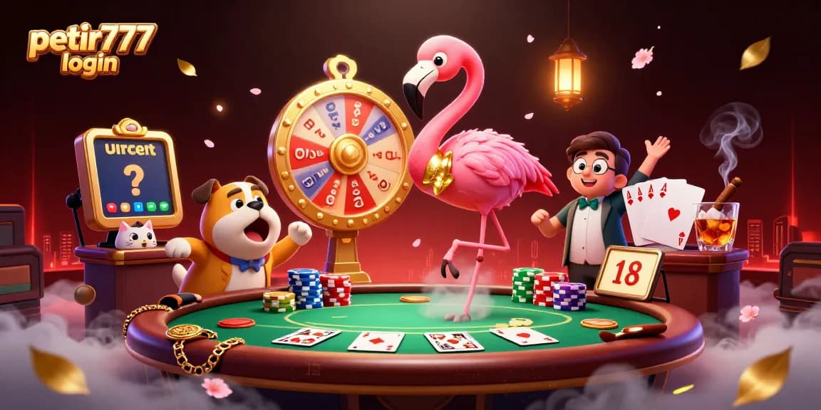 Engage with the exciting petir777 login scene featuring a flamingo host and thrilling gaming elements.