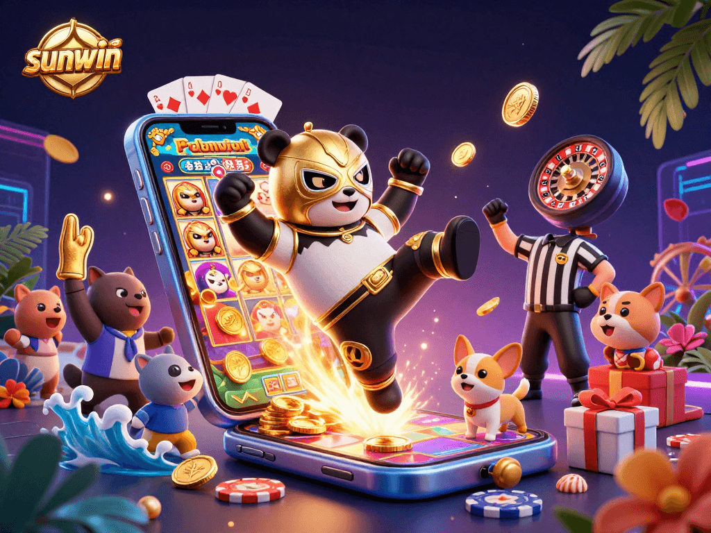 Engage with sunwin’s vibrant casino scene featuring a panda wrestler and colorful slot games.