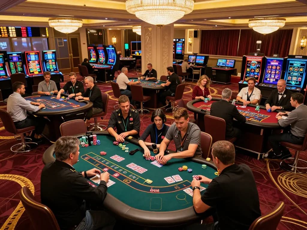Experience the excitement at https://www.mnm88.com/ with dynamic casino floor gameplay featuring engaging poker tables and players.