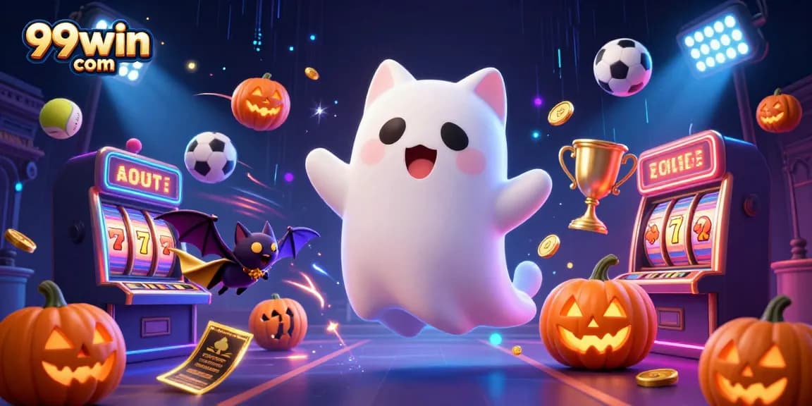 Engage with thrilling 99win com online casino action with ghostly characters, jackpot reels, and vibrant game elements.