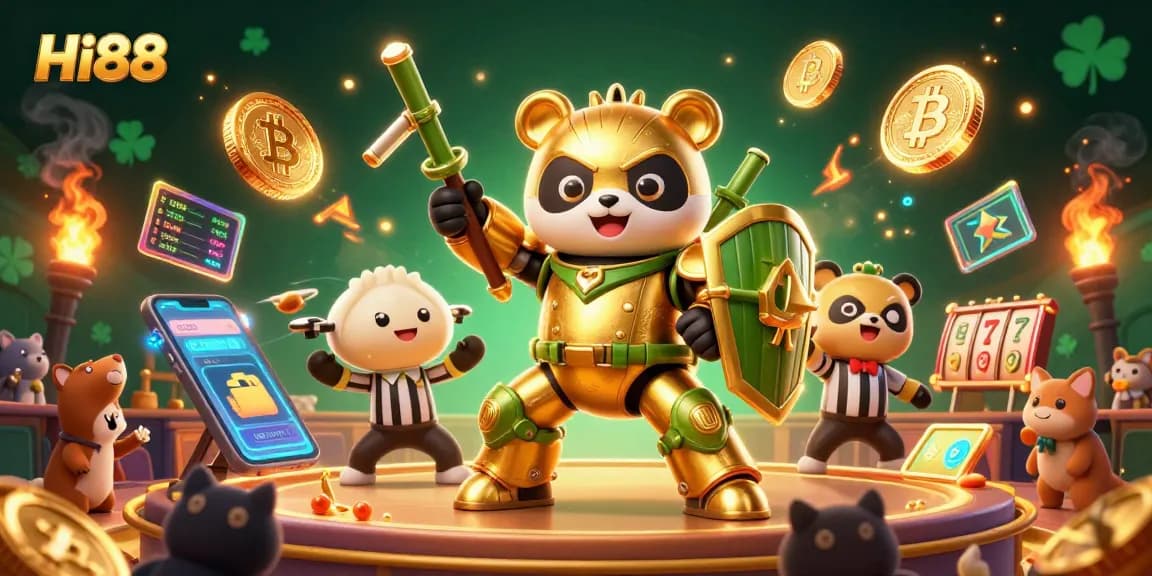 Engage in thrilling gaming action at Hi88, featuring dynamic 3D illustrations of panda piloting a robot.