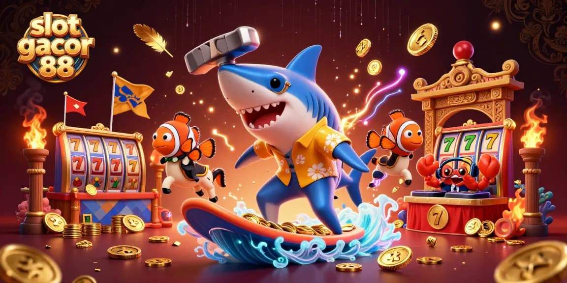 Spin the reels with slot gacor 88 while a shark surfs on coins alongside a tuxedo clownfish.