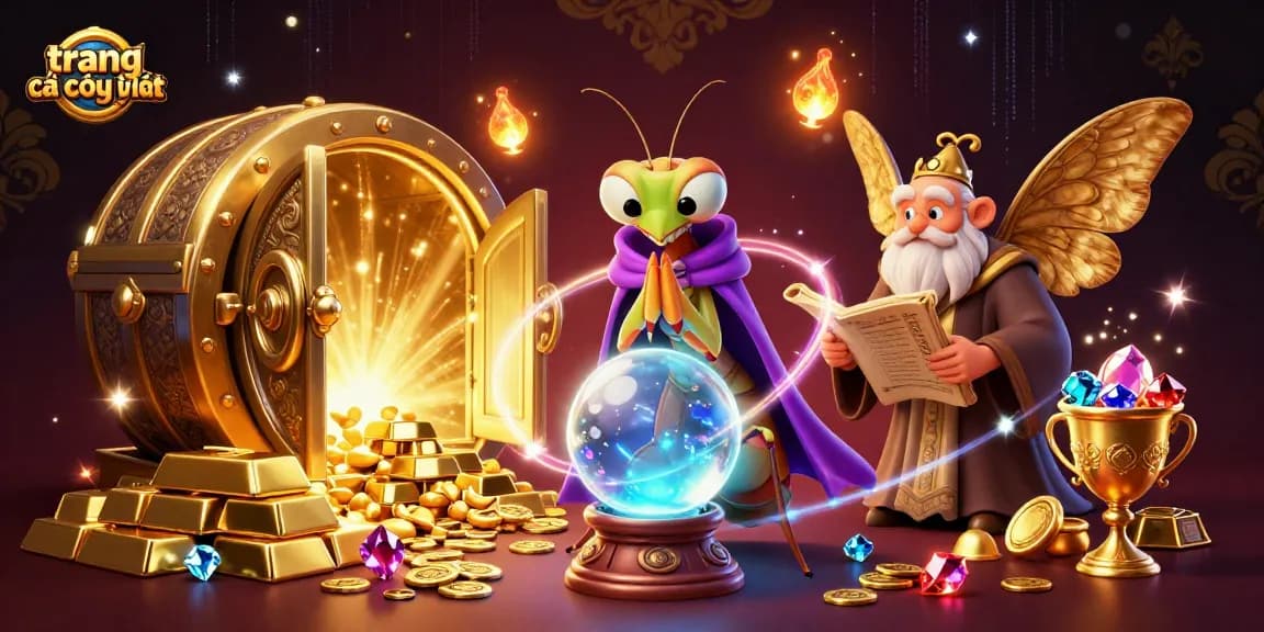 Engage with trang cá cược uy tín featuring mystical characters surrounded by treasures and gaming elements.