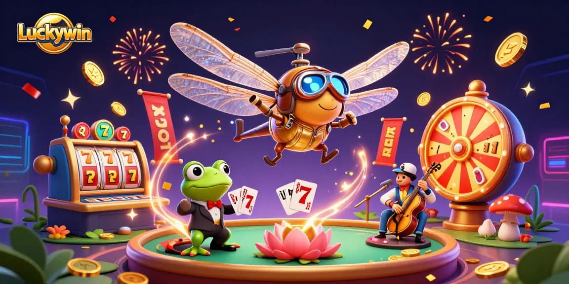 Experience winning moments at Luckywin with colorful slot reels and dynamic casino characters.