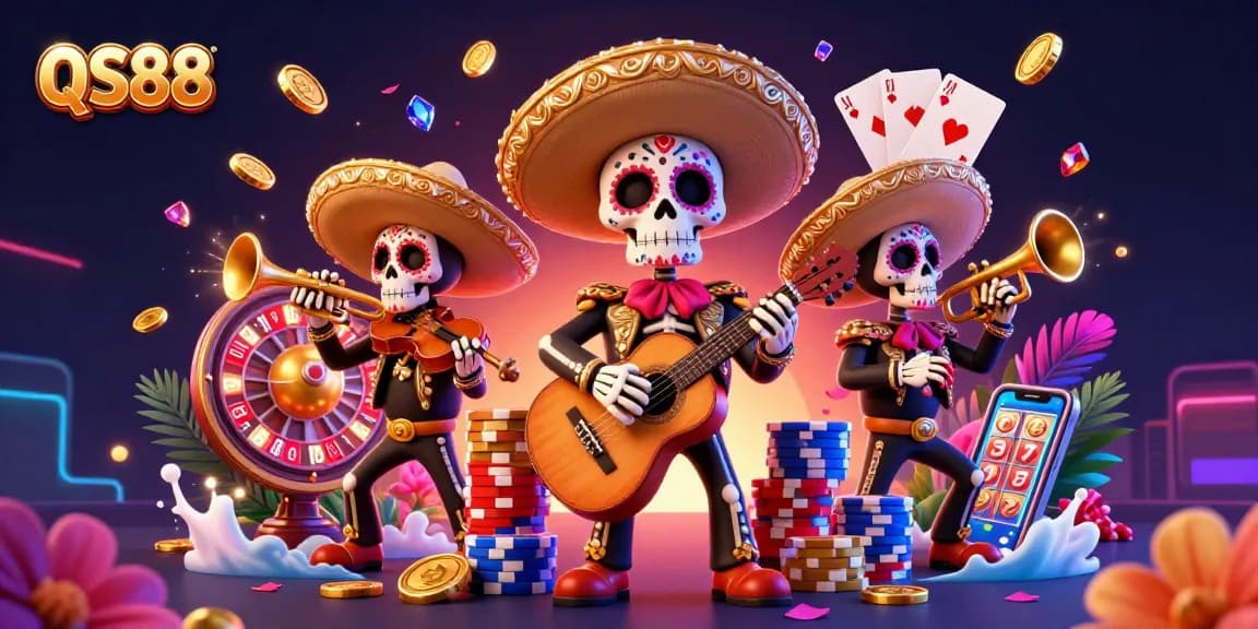 Engage with QS88's thrilling casino experience featuring vibrant mariachis, golden coins, and spinning roulette.