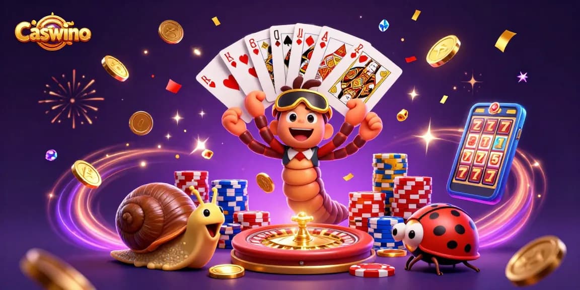 Win big at Caswino with an exciting casino scene featuring a millipede dealer and vibrant game elements.