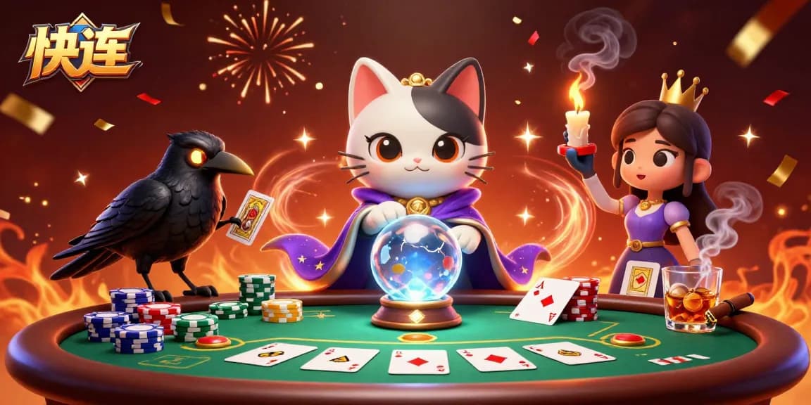 Engage in exhilarating gaming with 快连 as the mystical cat and raven unveil winning strategies at a vibrant poker table.