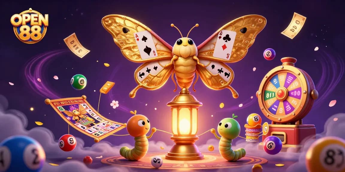 Experience the thrill of OPEN 88 with an enchanting 3D illustration showcasing vibrant lottery elements and gaming motifs.