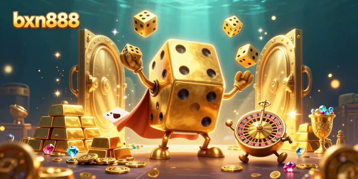 Experience the excitement of bxn888 with a dynamic casino scene featuring animated dice and gems.
