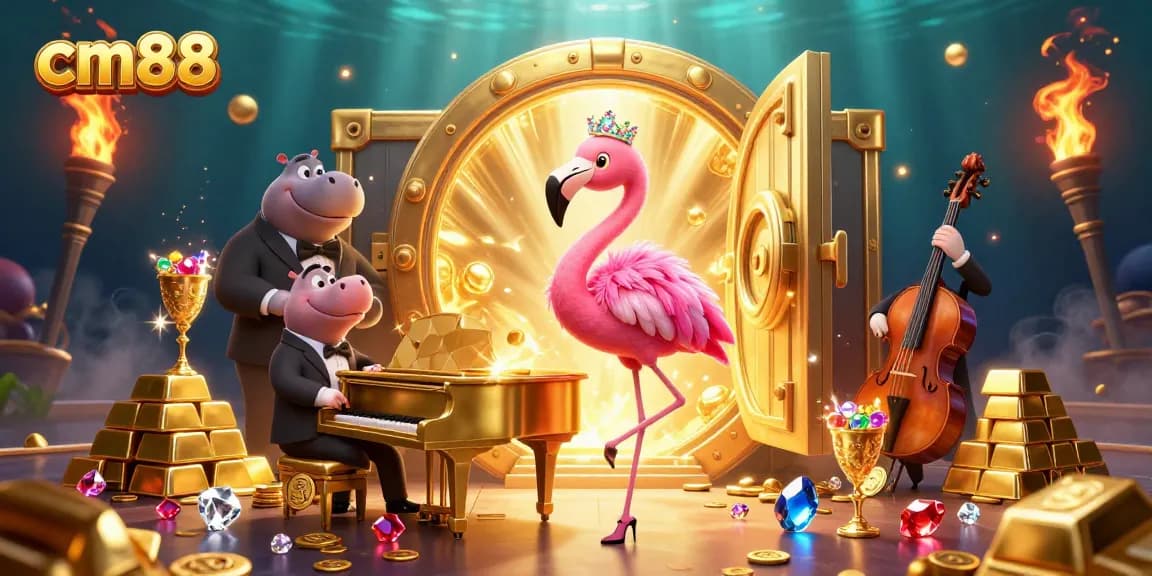 Experience thrilling gaming at cm88 with a vibrant casino illustration featuring lively characters and treasure.
