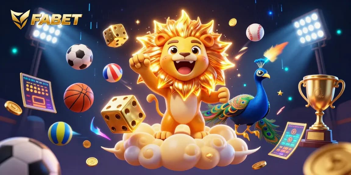 FABET players winning with energetic sports-themed online casino illustration featuring golden dice and trophies.