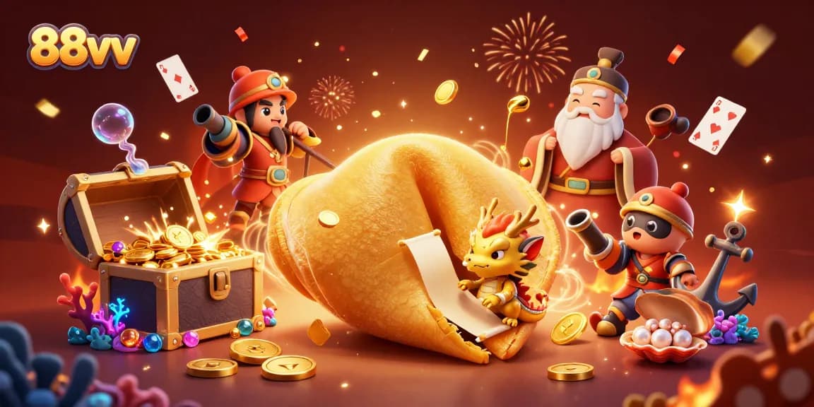 Play exciting games at 88vv online casino, with a golden fortune cookie and dragon symbolizing luck.