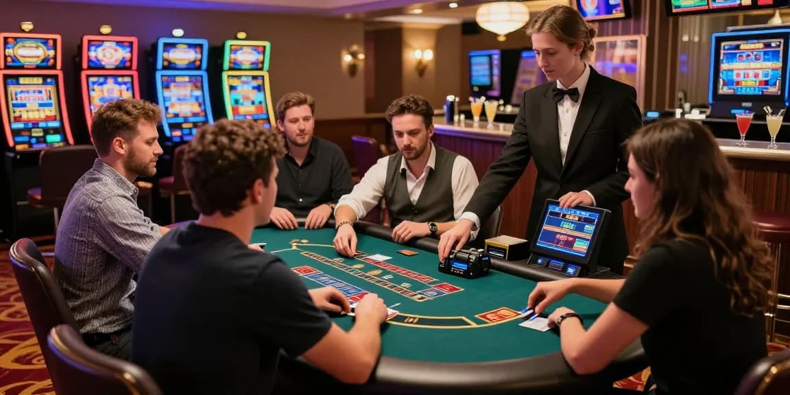 Exciting credit card casino scene at https://troyuk.co.uk with players at a card table, colorful slot machines, and vibrant atmosphere.