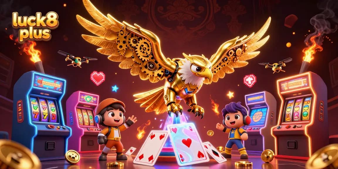Join the action at luck8 plus with a dynamic scene showcasing a cybernetic eagle and vibrant game elements.
