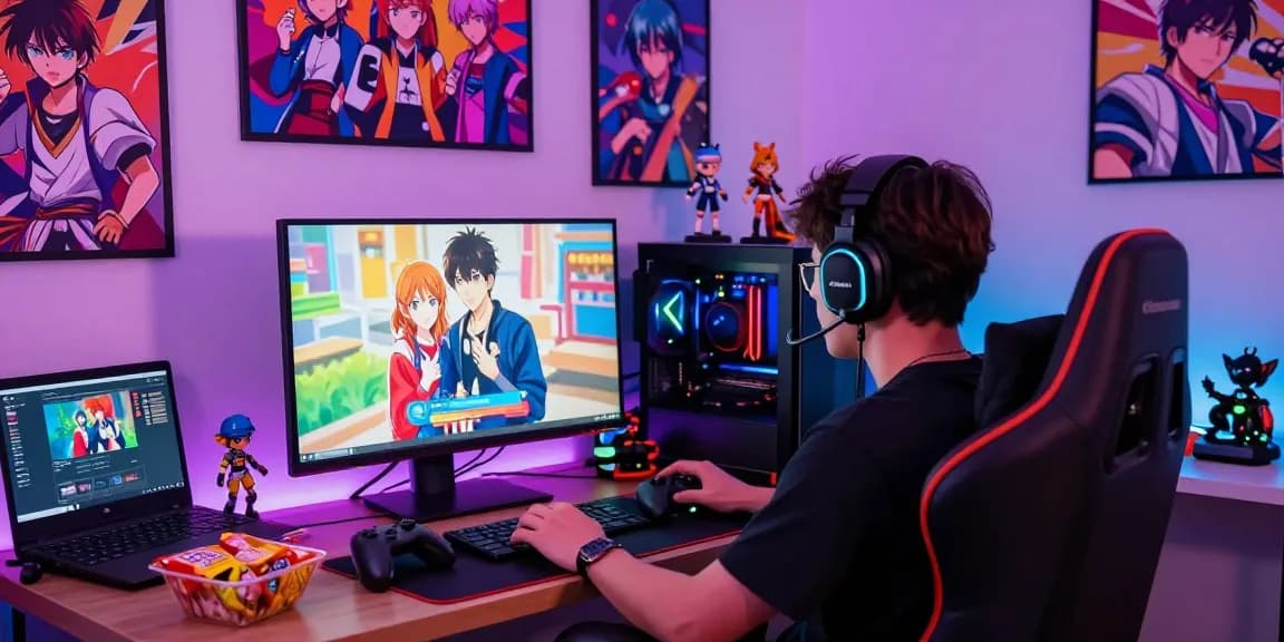Immersive gaming setup with a player enjoying Adult Visual Novel Games in a vibrant room full of gaming memorabilia.