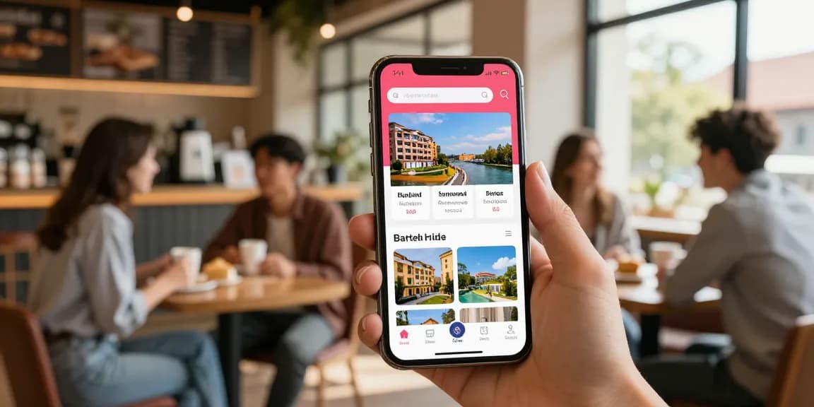 Customers using rokok88 to book a hotel in a vibrant café.