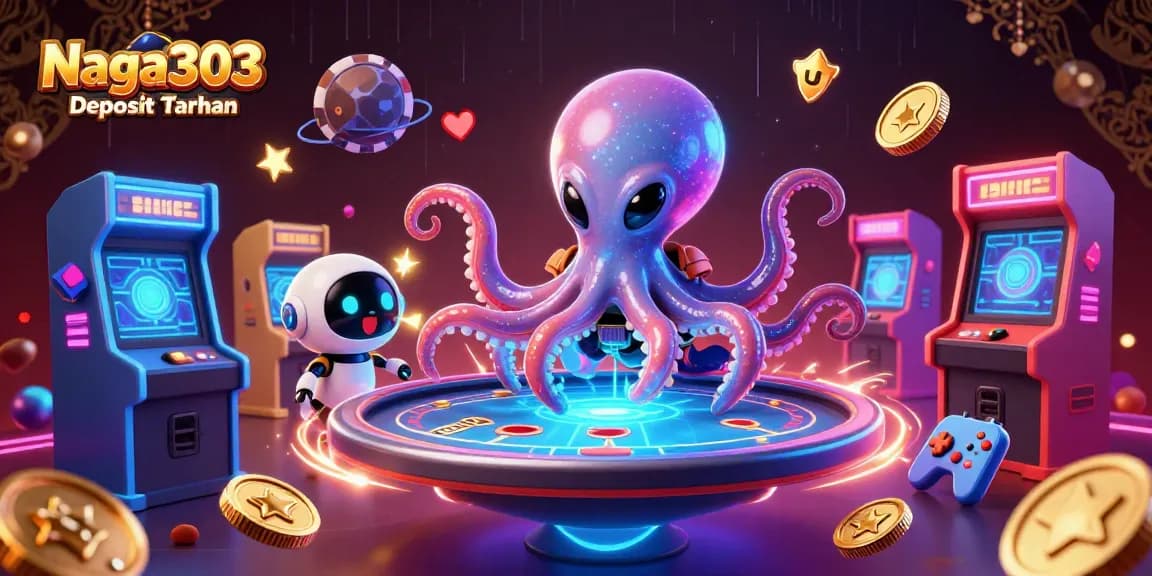 Naga303 Deposit Taruhan offers a vibrant gaming experience with an alien octopus at a digital poker table.