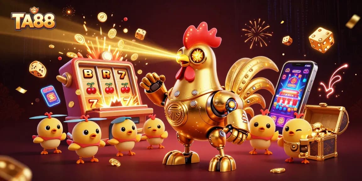 Experience the thrill of winning at TA88 with the golden rooster robot in a vibrant casino scene.