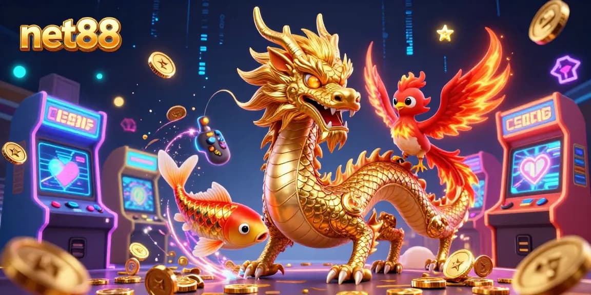 Experience the thrill of net88 with a dazzling dragon, phoenix, and koi fish in a vibrant casino illustration.