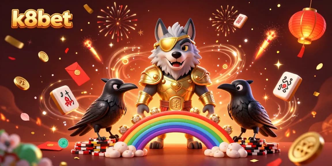 K8bet captivates with a vibrant, 3D illustration of Norse mythology characters amidst energetic casino elements.