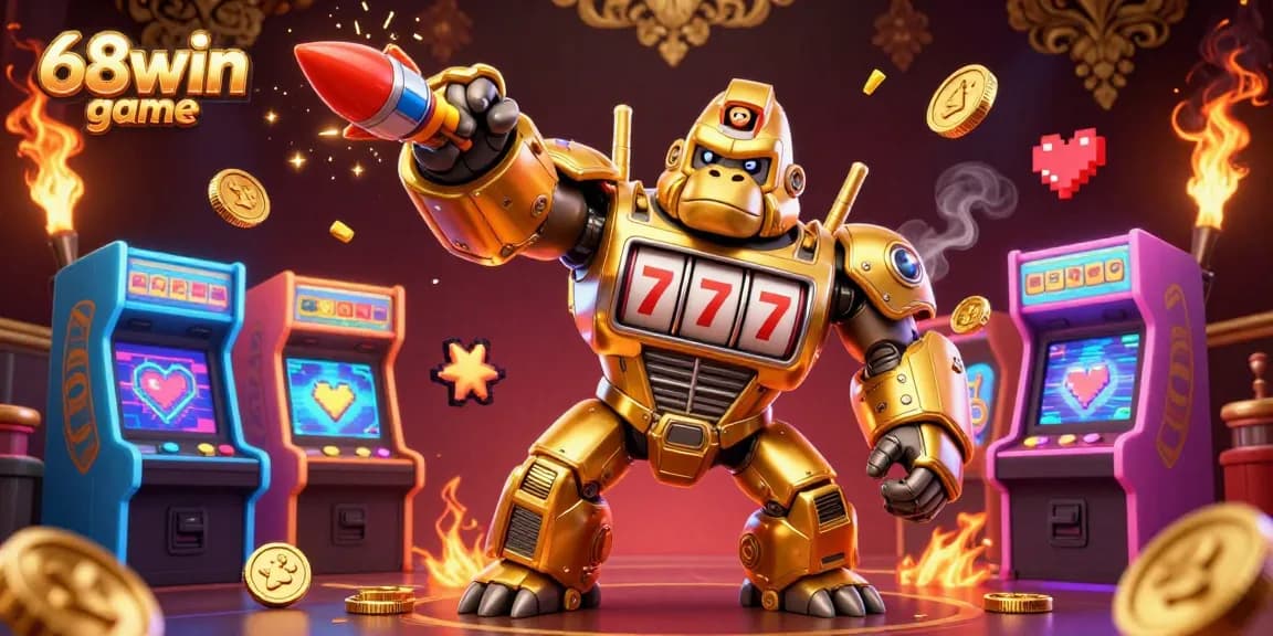 Experience excitement and winnings with 68win game featuring a dynamic golden gorilla mech and arcade elements.