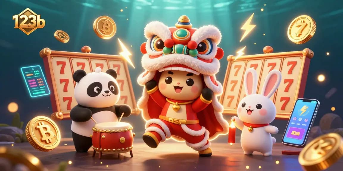 Engage with vibrant slot games at 123b featuring dynamic lion dance characters enjoying the casino atmosphere.