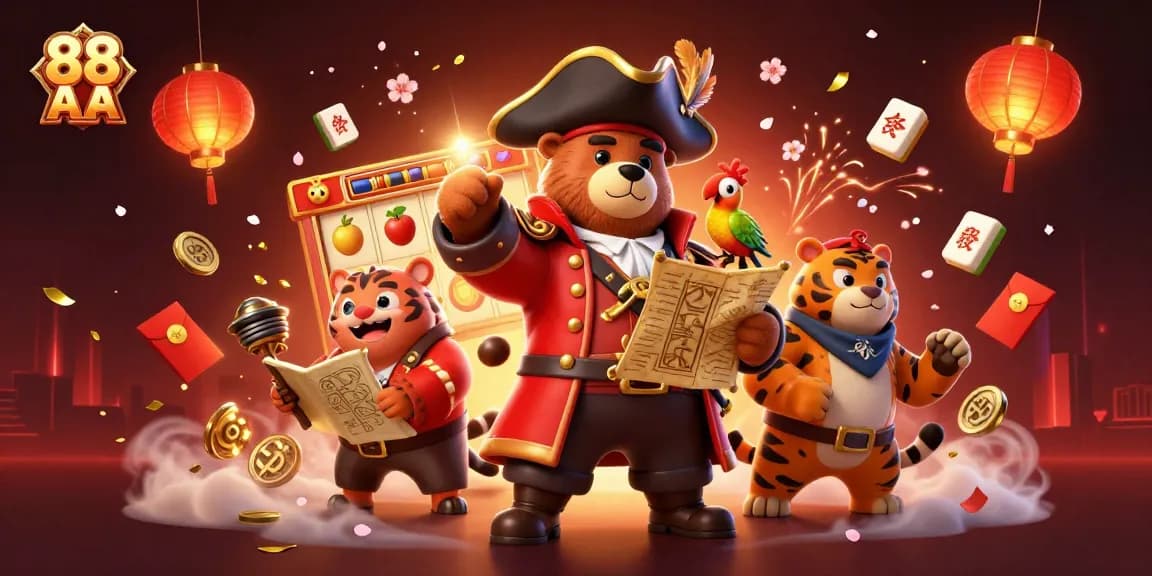 Spin and win big at 88 AA with a vibrant casino scene featuring a cartoon bear and tiger!