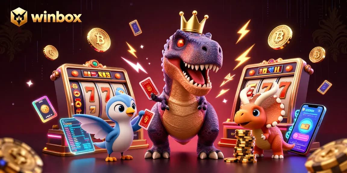 Winbox features a playful T-Rex, pterodactyl, and triceratops at a bustling online casino, showcasing excitement.