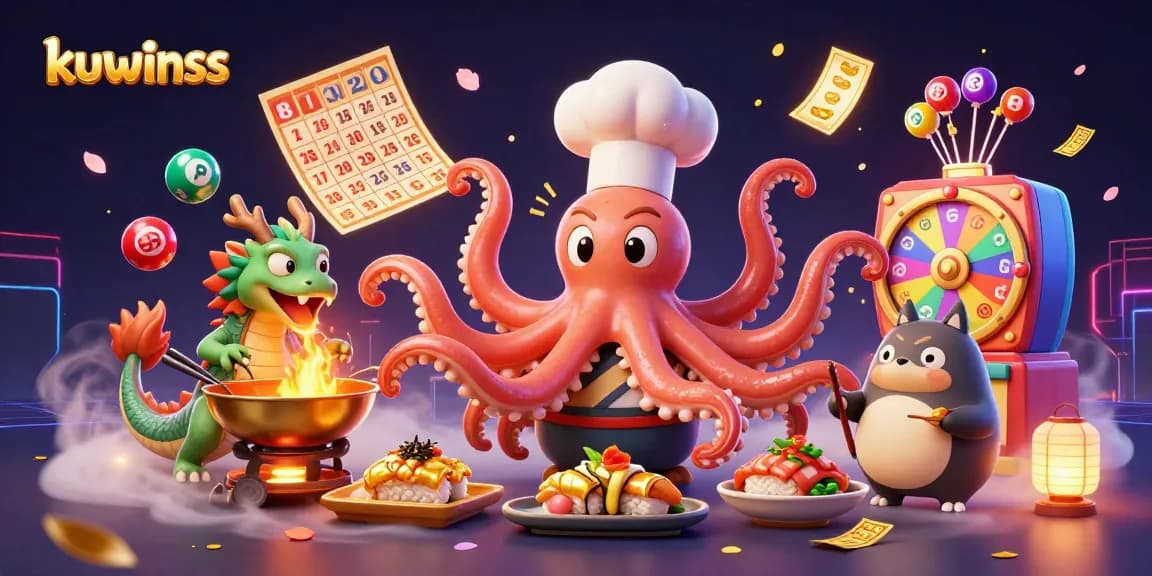 Kuwinss showcases a vibrant casino scene featuring a clever sushi chef octopus creating golden delicacies amid a whirlwind of colorful lottery balls and cash rain.