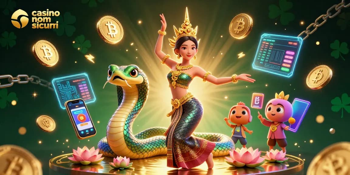 Vinci nei casino non AAMS sicuri con la scena incantevole di una ballerina thailandese e un serpente Naga arcobaleno.