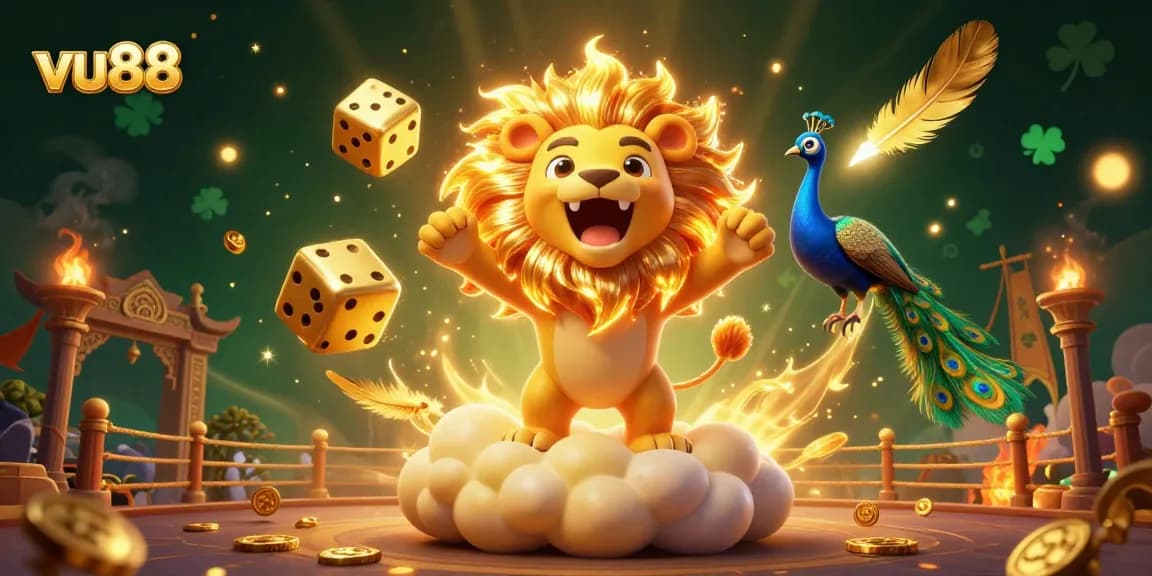 Win big with vu88 as a golden lion champion roars on a dynamic casino-themed digital scene.