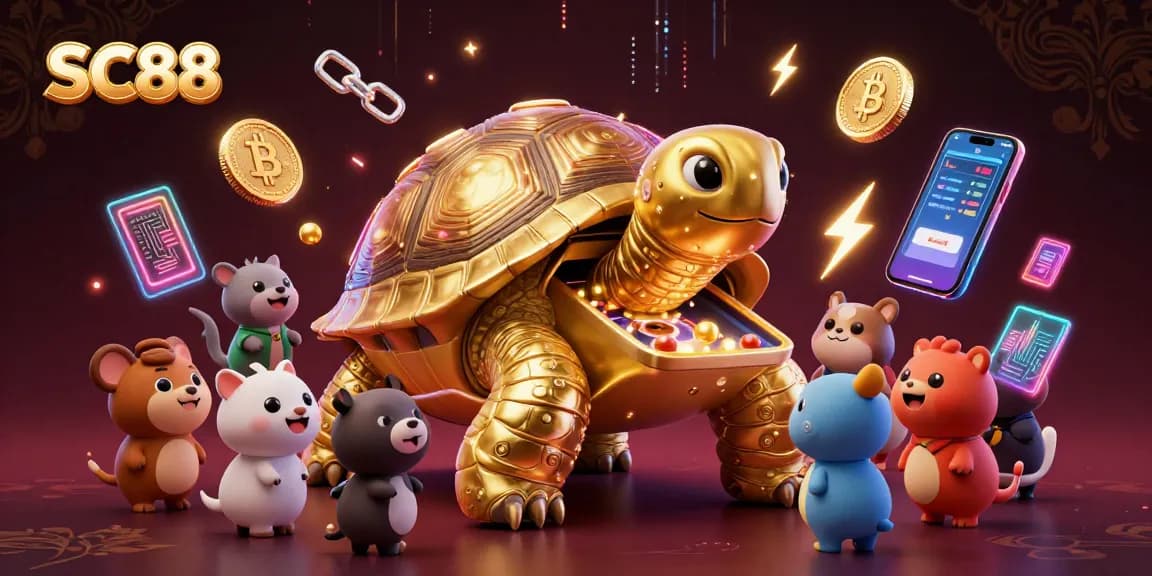 Engage with SC88 in this lively crypto casino scene showcasing a golden tortoise pinball machine.