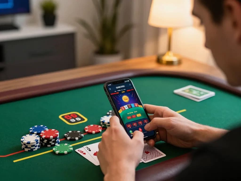 Player engaged in intense blackjack action on the 888VI mobile app, showcasing strategic gameplay in a cozy home setting