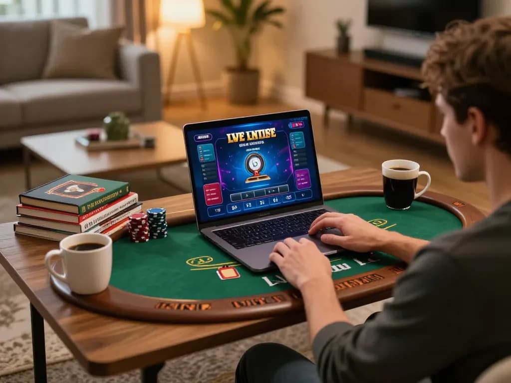 Engaging online blackjack game on a laptop at home, highlighting 78winbizcom's strategic gameplay options