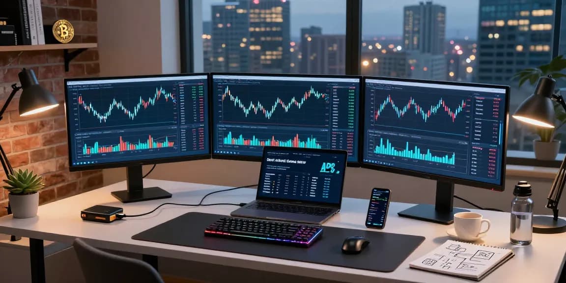 خدمات الامتثال لعملات الكريبتو في مكان عمل حديث يظهر تكنولوجيا التأمين وأسعار العملات الرقمية.