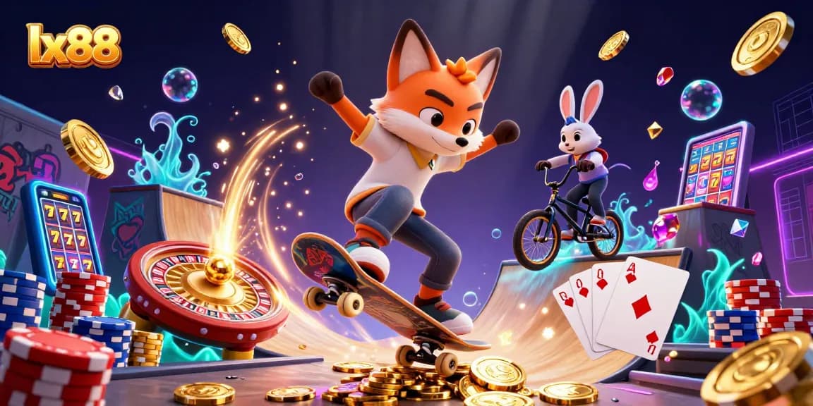 Experience gaming excitement at lx88 with a vibrant 3D illustration of playful characters and casino elements.