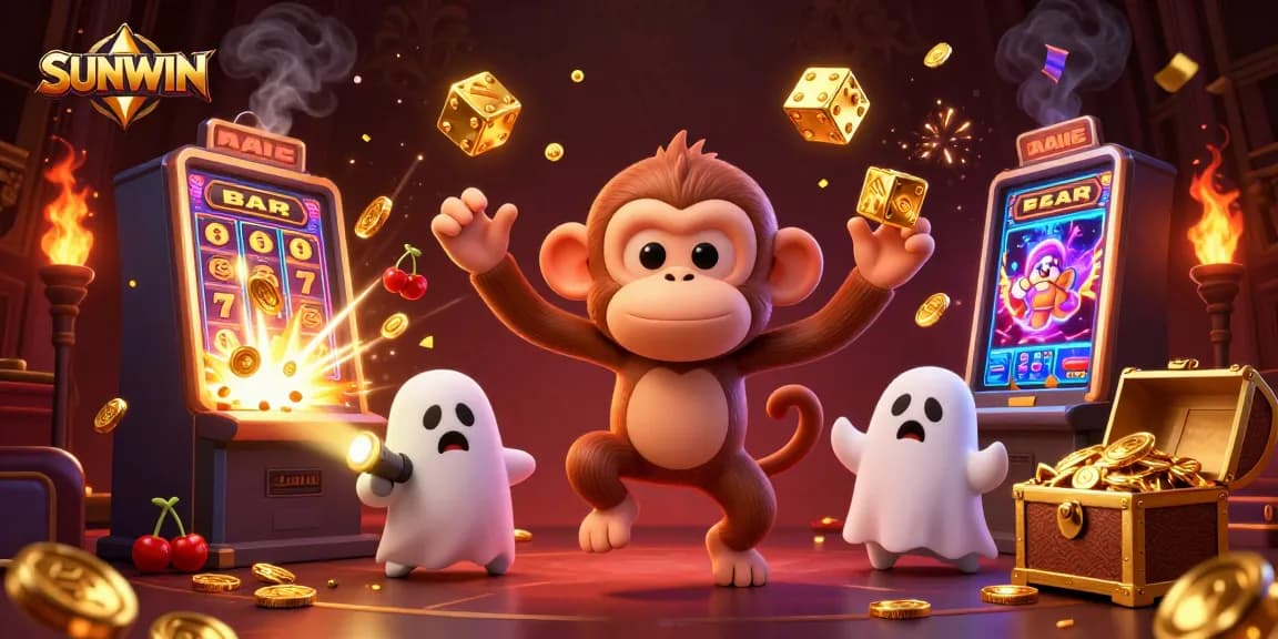 SUNWIN captures the thrill of online gaming with a vibrant casino scene featuring golden treasures and playful characters.