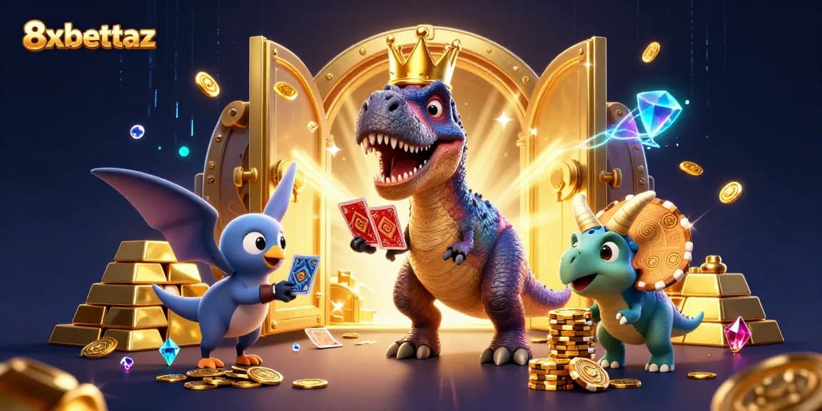 8xbettaz showcases a vibrant casino scene with a friendly T-Rex, pterodactyl, and triceratops amidst golden treasures.