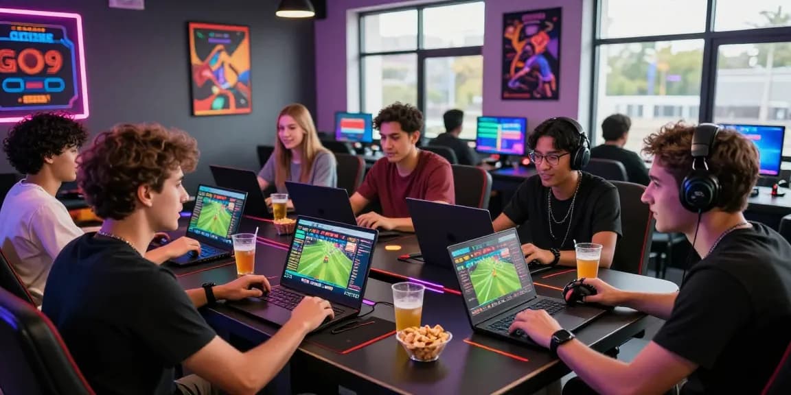 Friends enjoying go999 online gaming in a vibrant lounge, showcasing the excitement of sports betting and casino games.