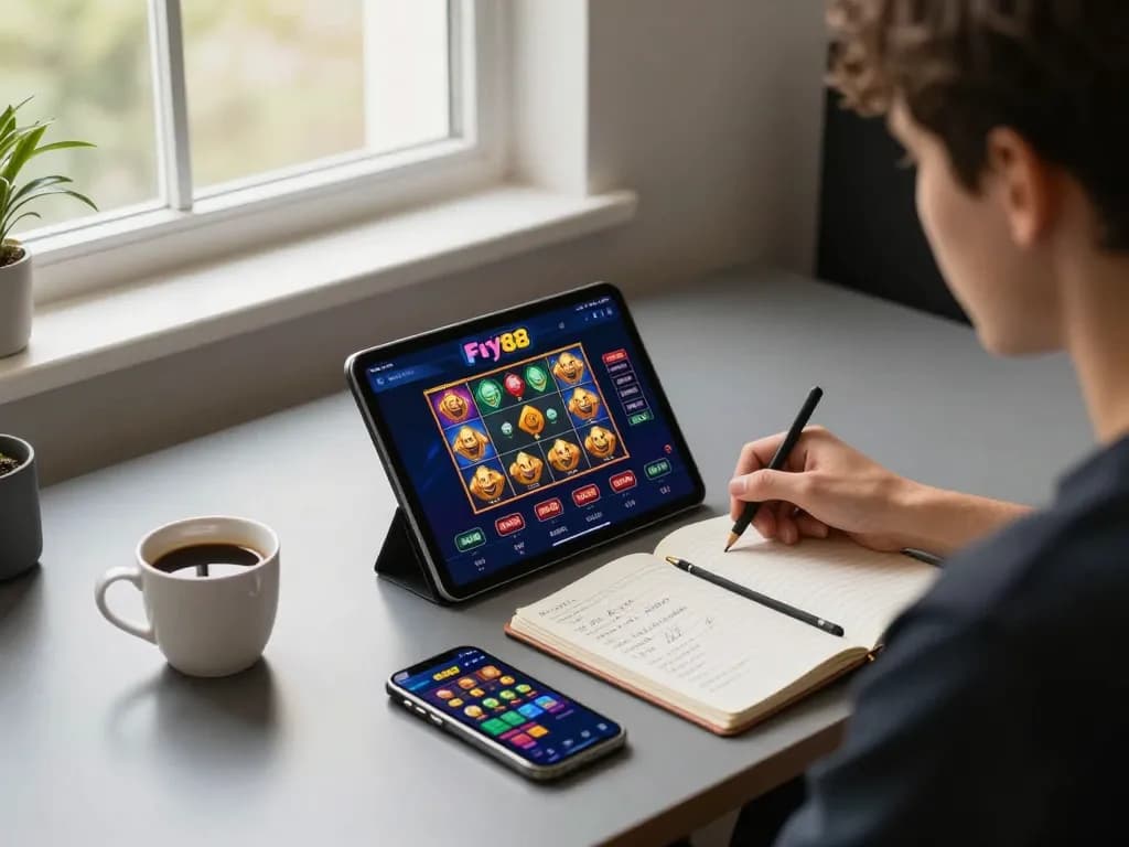 Engaged player using Fly88 app on tablet for online casino gaming with strategic notes nearby.