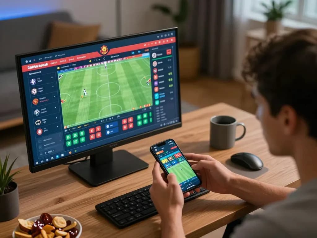 A person engaging in keo nha cai sports betting via smartphone in a modern home office setting