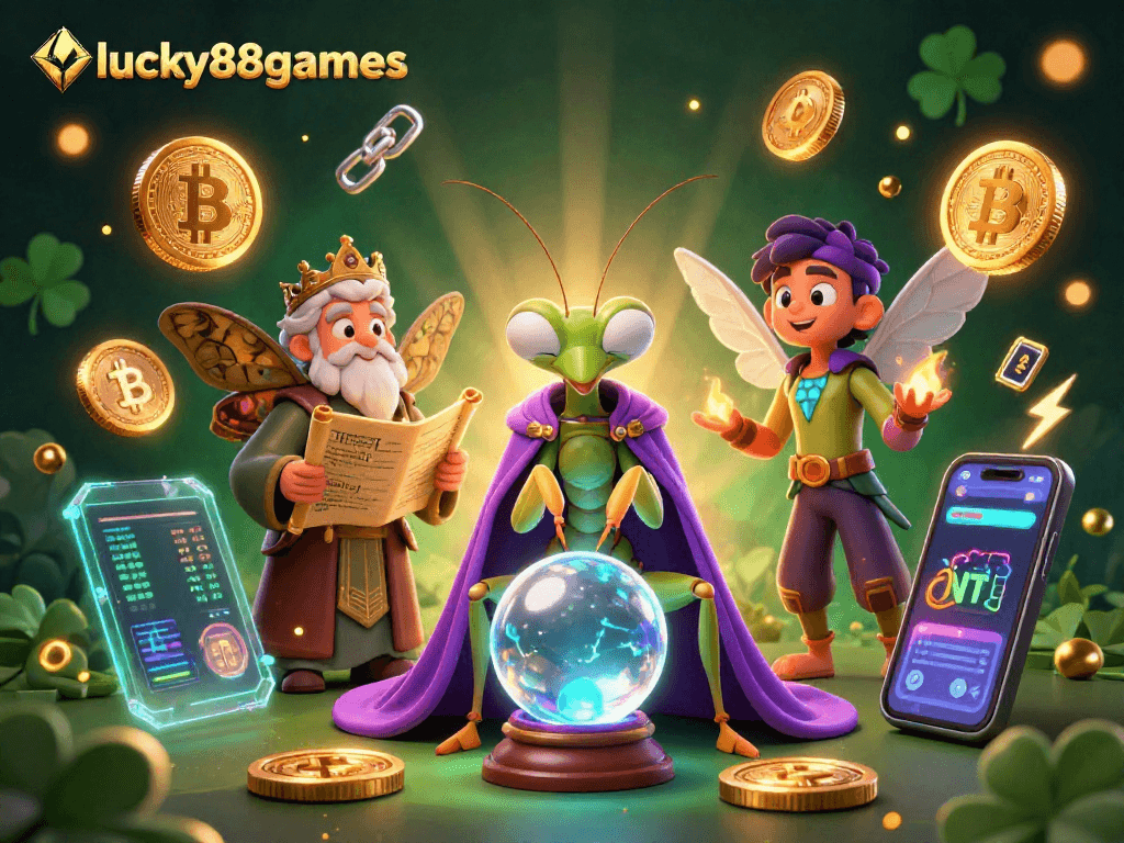 Engage with lucky88games and explore vibrant casino adventures amidst mystical creatures and crypto elements.