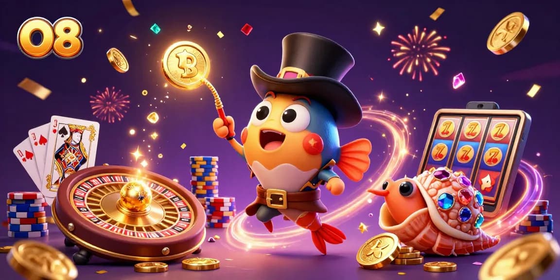 Engage with O8's thrilling casino action as colorful characters draw winning treasures in a vibrant underwater scene.