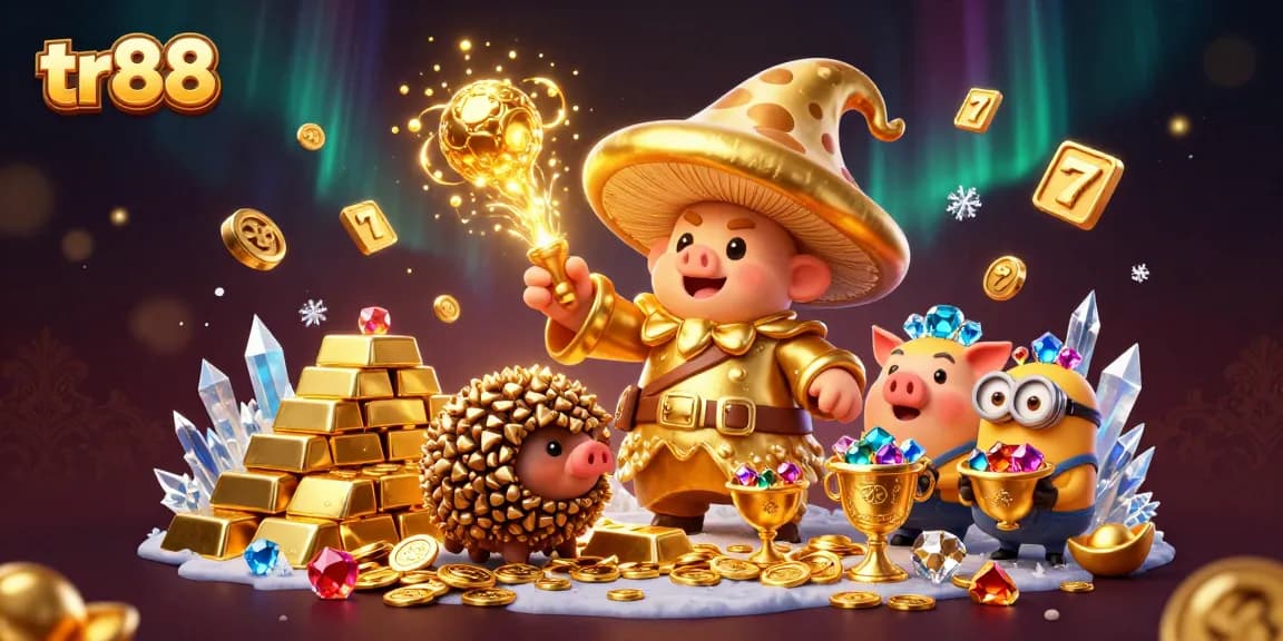 Experience the magic of tr88 with a golden mushroom wizard and treasures in a vibrant casino scene.