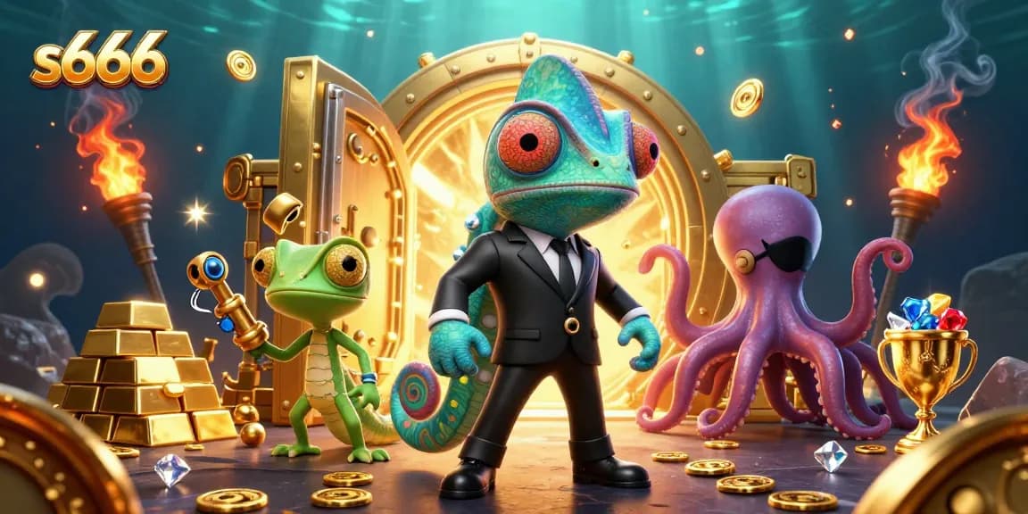 S666 offers thrilling gaming experiences with a vibrant casino scene featuring chameleons and treasure.