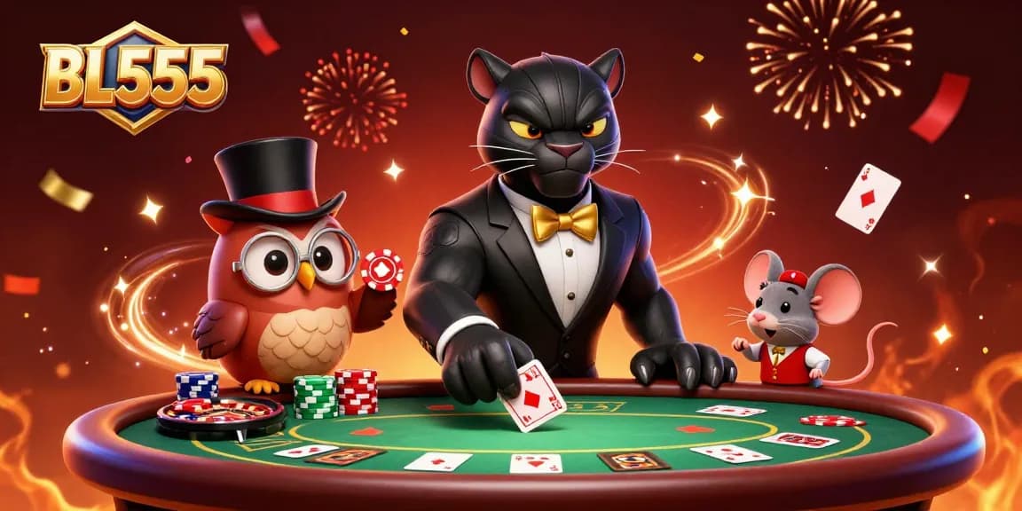 Join the fun at BL555 as a tuxedoed panther deals cards with a wise owl, playing in a vibrant casino scene.