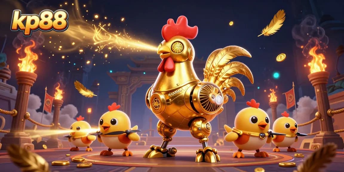 Betting with kp88 in a dynamic casino scene featuring a golden robot and drones.