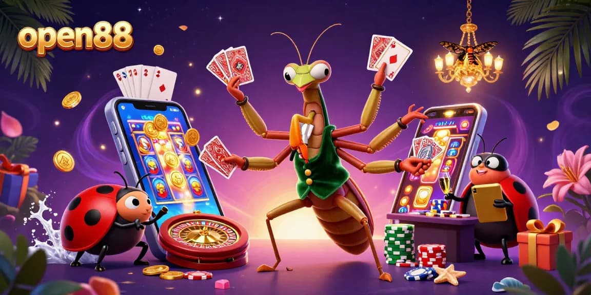 Experience the excitement of open88 with a dynamic scene of gaming action, featuring lively characters and casino elements.