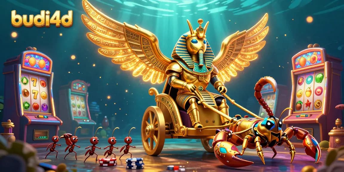 Spin the reels and win big with budi4d in this vibrant 3D casino scene featuring a golden scarab.