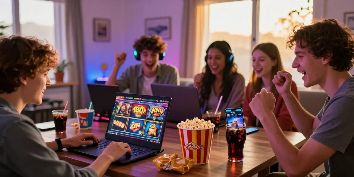 Exciting gaming scene with friends playing ซุปเปอร์สล็อตฟรี50 on a laptop, vibrant atmosphere, snacks, and cheering.
